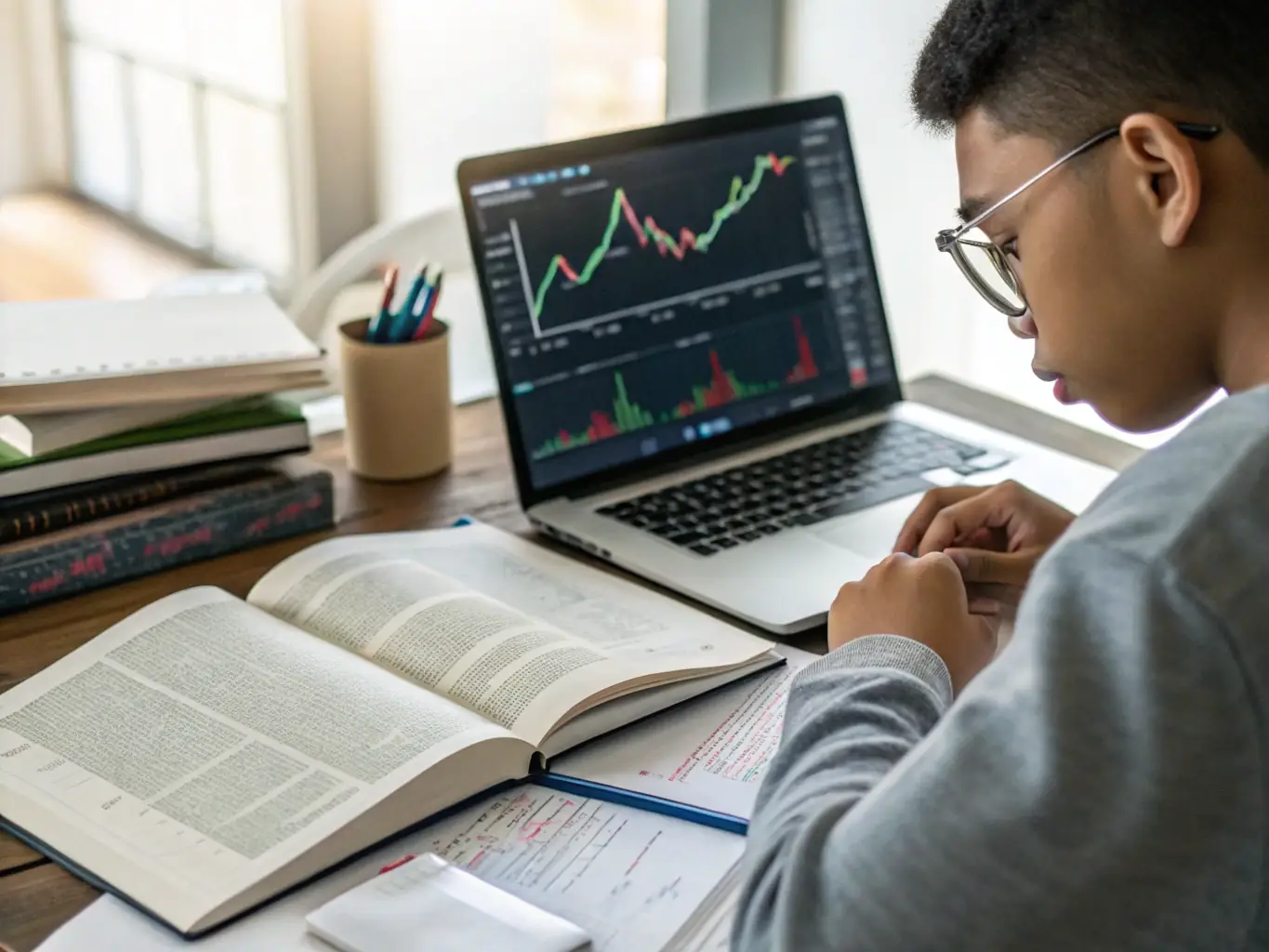 A student is analyzing investment charts on a laptop, with a focus on understanding market trends and making informed decisions, representing the strategic investment guidance provided by the business coach.