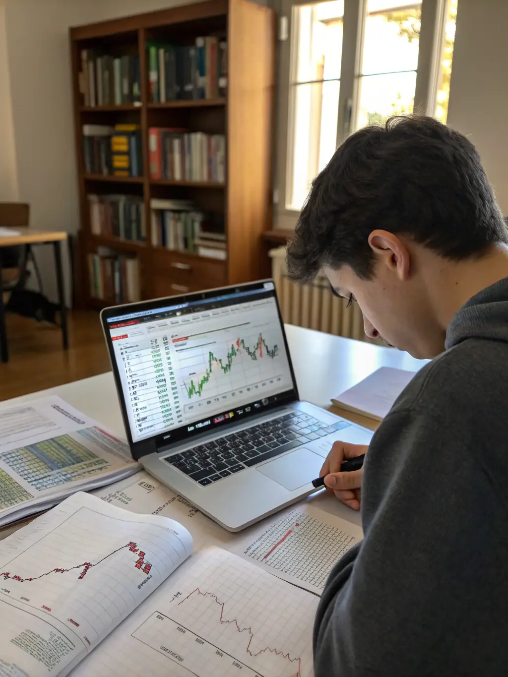 A focused student is reviewing financial charts with their business coach, discussing investment options and strategies for their startup.