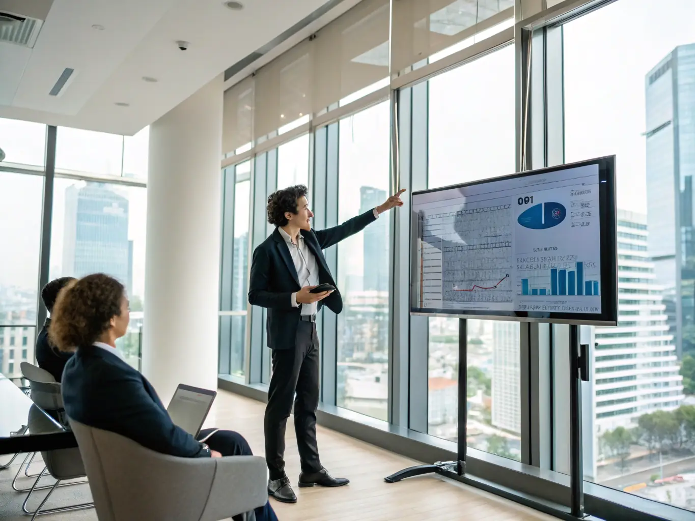 A young student entrepreneur is confidently presenting a business plan in a modern co-working space, surrounded by supportive peers and mentors, symbolizing the collaborative and empowering environment of student business coaching.