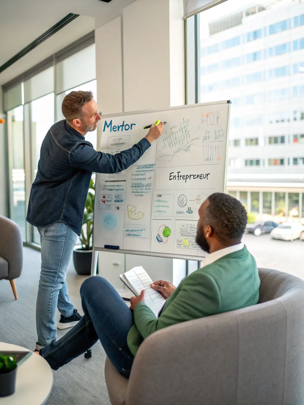 A coach is mentoring a student on economic planning, using a whiteboard to illustrate key concepts and strategies for sustainable business growth.